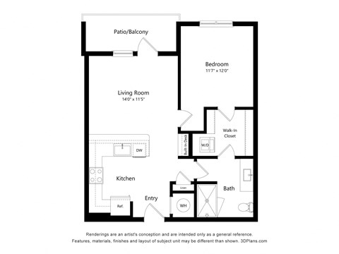 Floor plan for 1 bed, 1 bath, 717 sqft